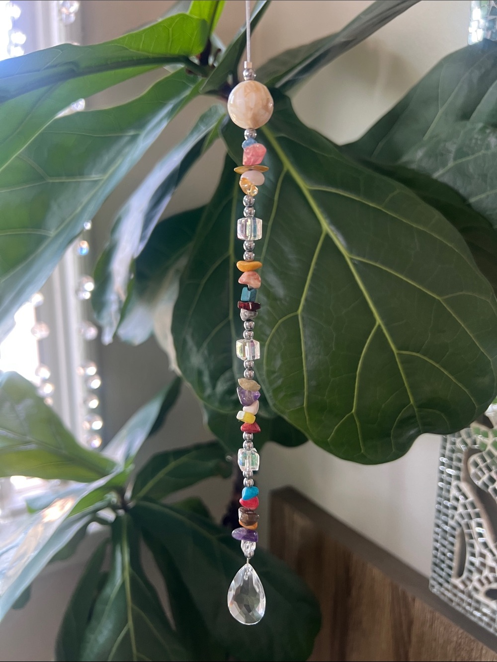 Multicolor Beaded Window Sun Catcher/ Car Ornament with Crystal Drop